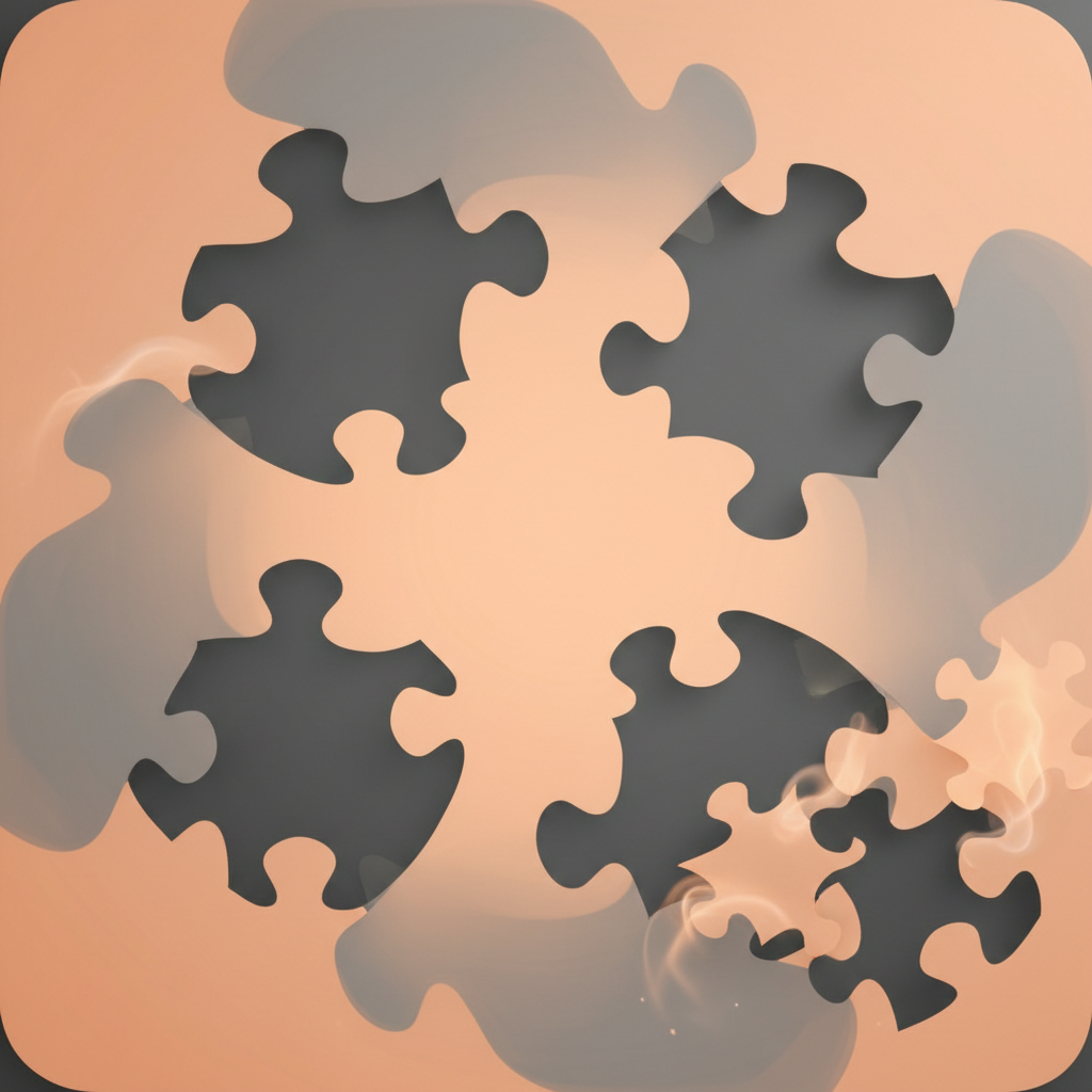Abstract representation of a puzzle with missing pieces being fixed, soft orange and grey tones