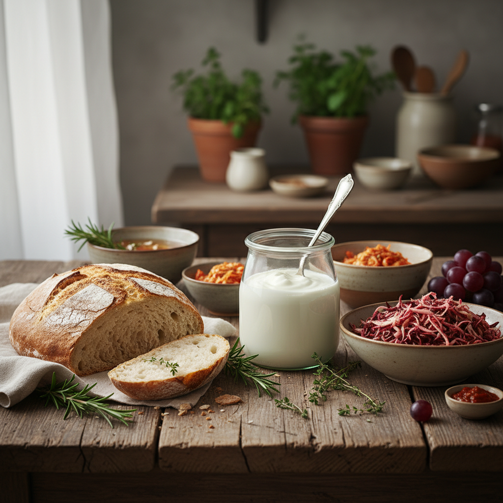 Artistic arrangement of fermented foods like yogurt glass jar, sauerkraut, sourdough bread on a wooden table, soft natural light
