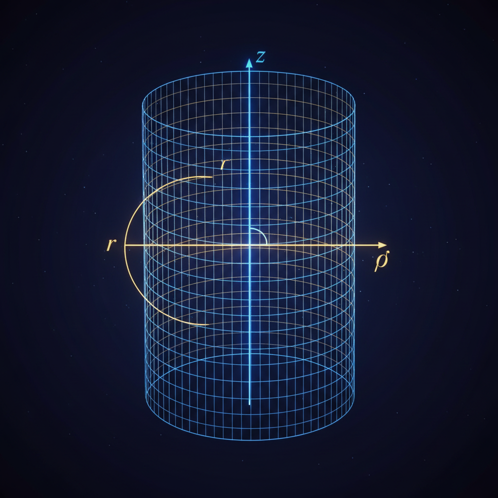 Mathematical wireframe of a cylinder showing radius r, angle theta, and height z, glowing lines on dark background
