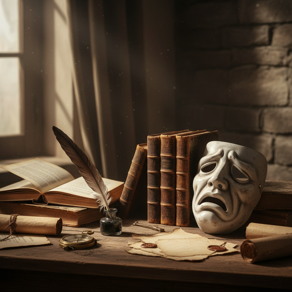 A writing desk with a quill, old books, and a theatrical mask, cinematic lighting, realistic style