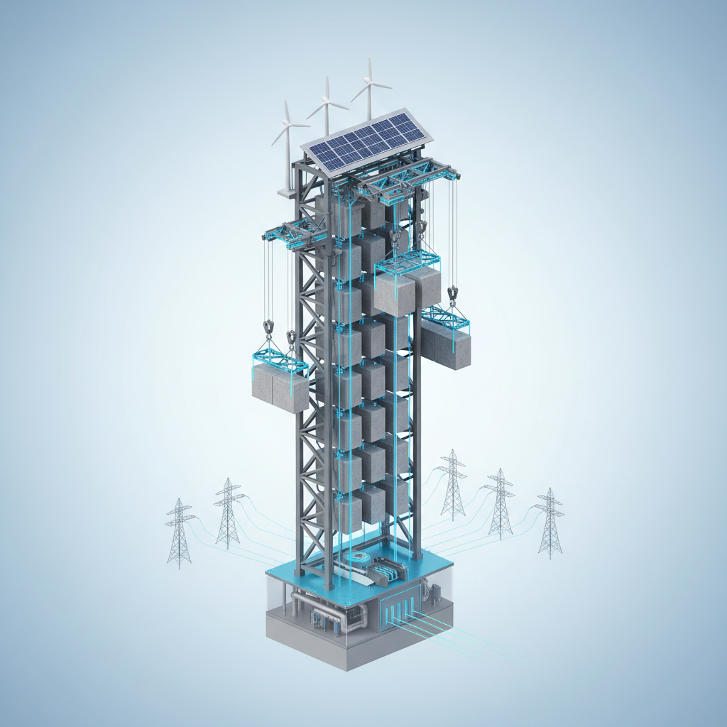 Detailed 3D diagram of a gravity battery system, showing concrete blocks being lifted by cranes, renewable energy context, clean light background, high tech visualization