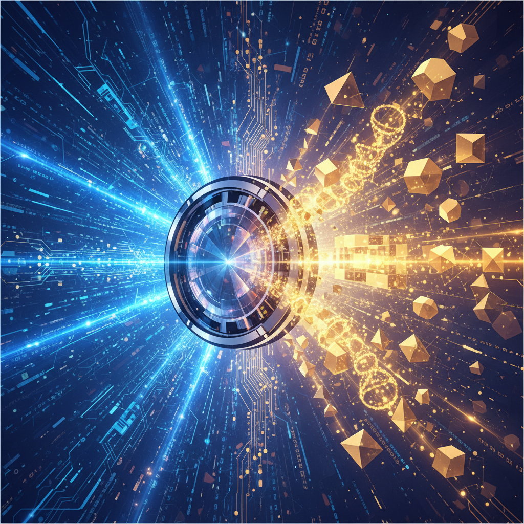 Abstract digital data streams entering an optical lens and transforming into golden glowing geometric structures, symbolizing information processing, high tech, blue and gold colors.