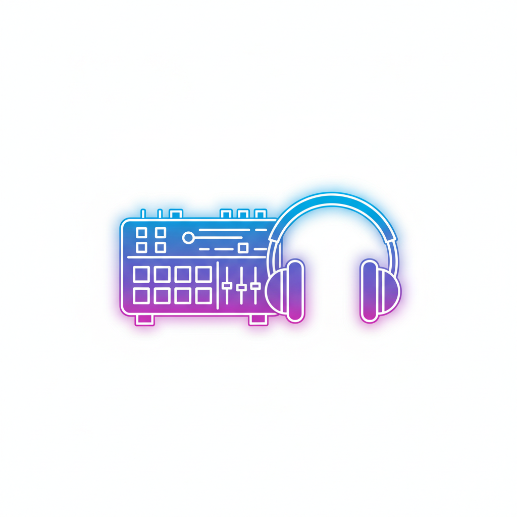 Minimalist vector illustration of a stylized drum machine and headphones with neon accents on a white background, clean lines, modern art style
