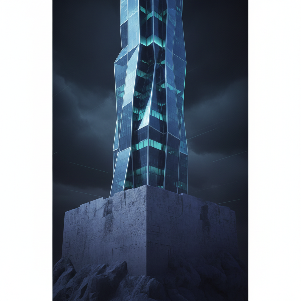 abstract architectural concept, a massive solid concrete foundation underground transitioning seamlessly into a sleek futuristic glass skyscraper above ground, ultra modern corporate art, deep navy and cyan lighting, 3d render