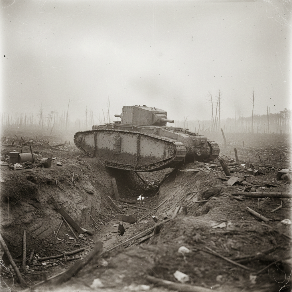 WWI tank Mark I crossing a trench, sepia tone, historical gritty style, detailed