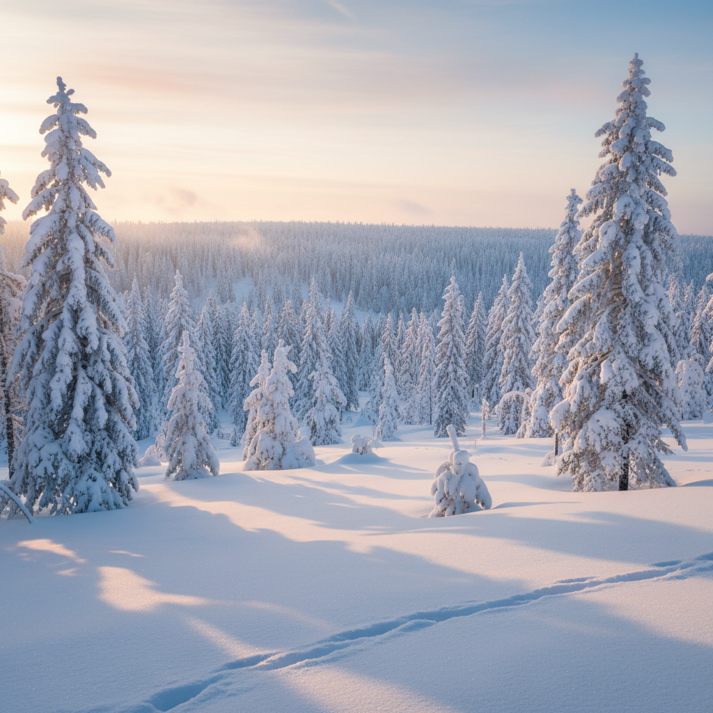 Beautiful winter landscape in Russia with deep snow and pine trees, realistic photography