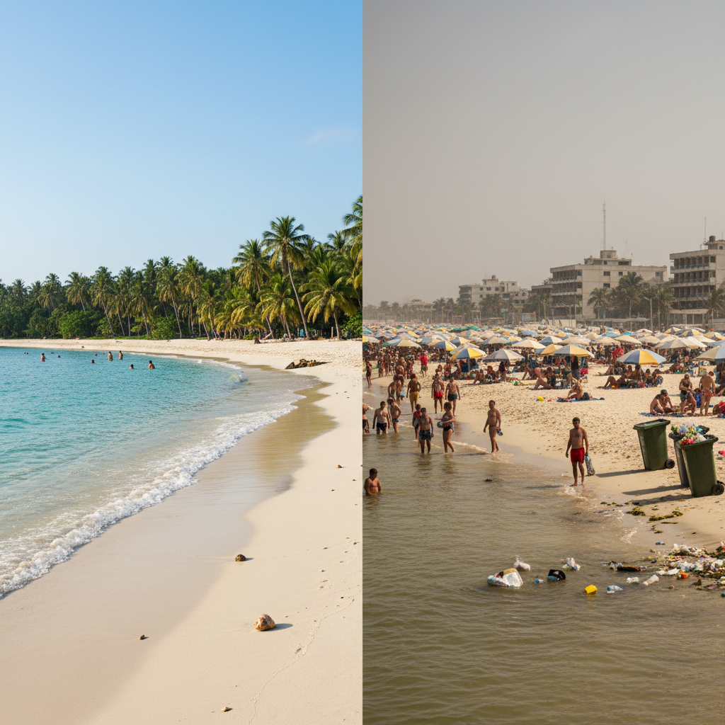 Cinematic shot of a pristine beach vs a crowded tourist beach, visual contrast, environmental message