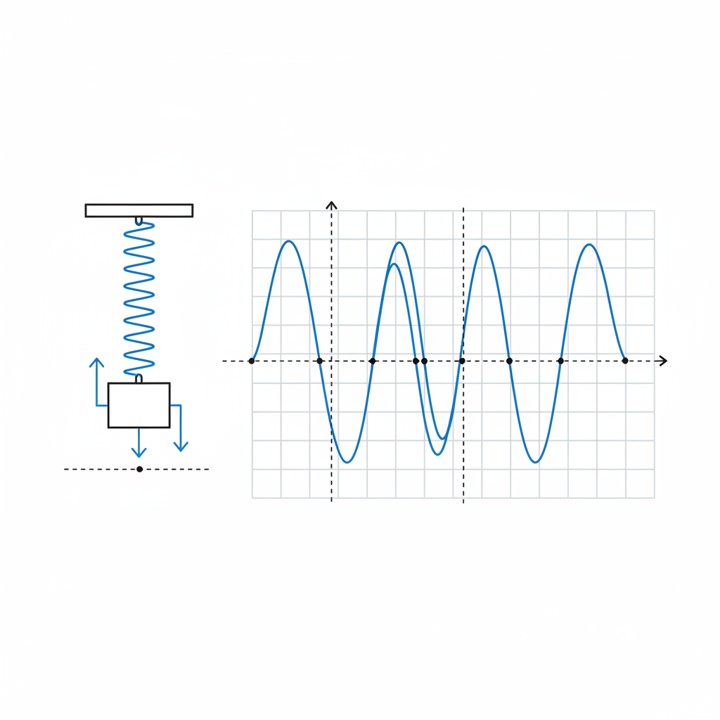 physics diagram showing simple harmonic motion, spring mass system, sine wave graph, scientific illustration, white background