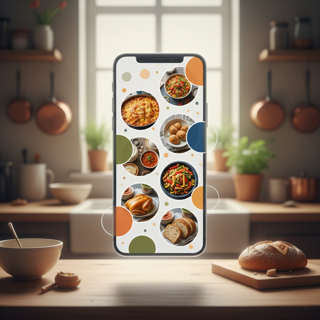 A modern smartphone floating in the air displaying a sleek food delivery application interface filled with photos of home-cooked meals, blurred kitchen background, high tech yet homey feel