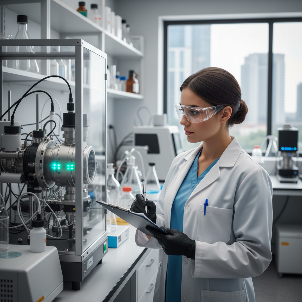 laboratory technician inspecting equipment with clipboard professional