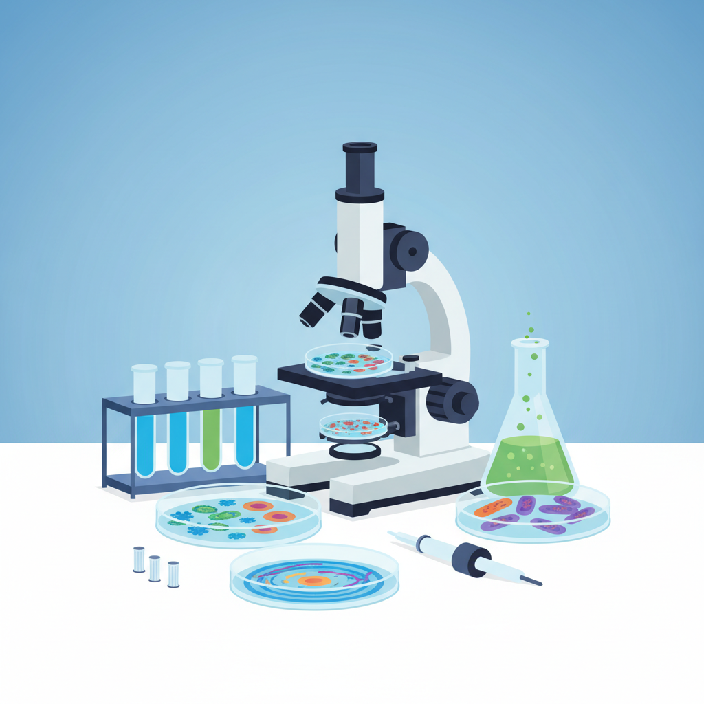 lab equipment for microbiology, petri dishes and microscope, clean vector style