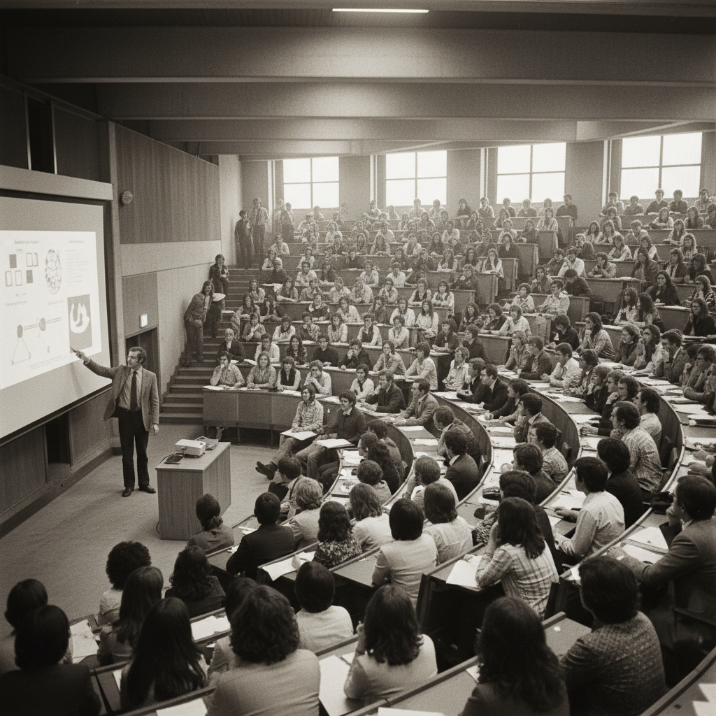 Crowded university lecture hall 1970s black and white vintage style