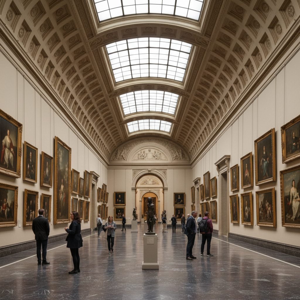 Interior perspective of a grand classic art museum gallery with high ceilings and frames on walls, soft natural lighting from skylight, elegant atmosphere
