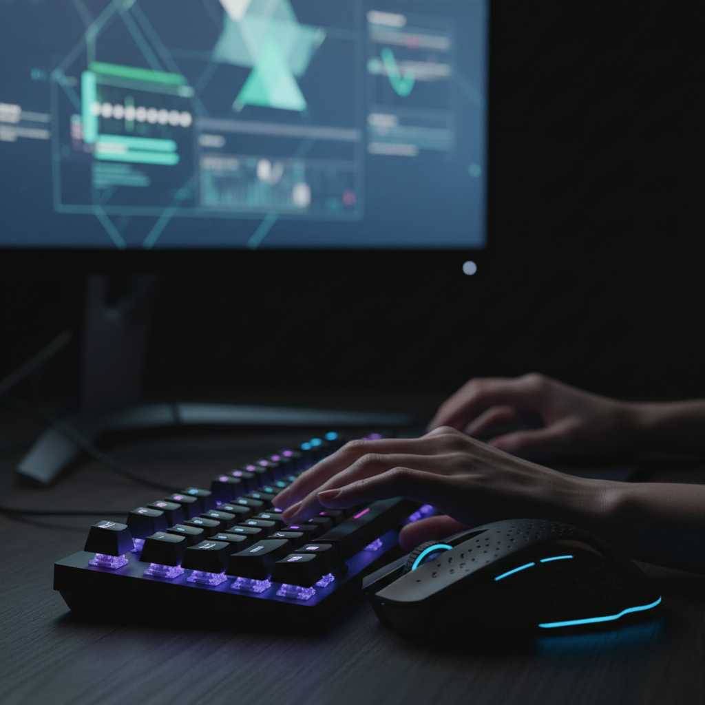 Close up photo of hands working on a backlit mechanical keyboard and a mouse, focus on productivity and creation, dark studio lighting