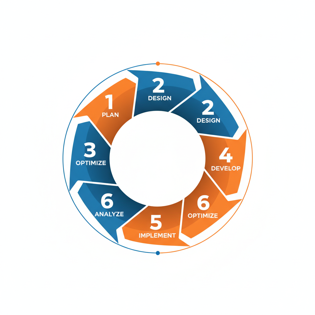 6-step circular business process diagram numbered 1 to 6 clean modern vector graphics style blues and oranges white background