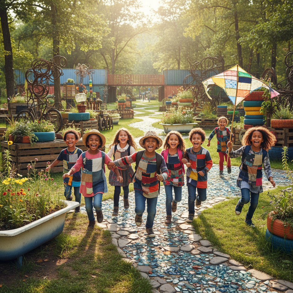 A happy diverse group of children running towards the camera in a beautiful park made of upcycled materials, laughing, natural lighting, high res