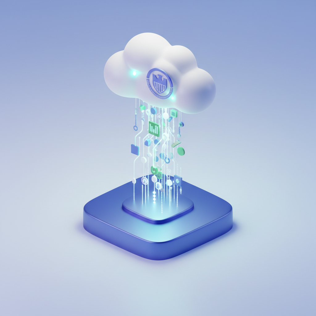 3D illustration of a 'Submit' button being pressed, data stream uploading to cloud, government emblem