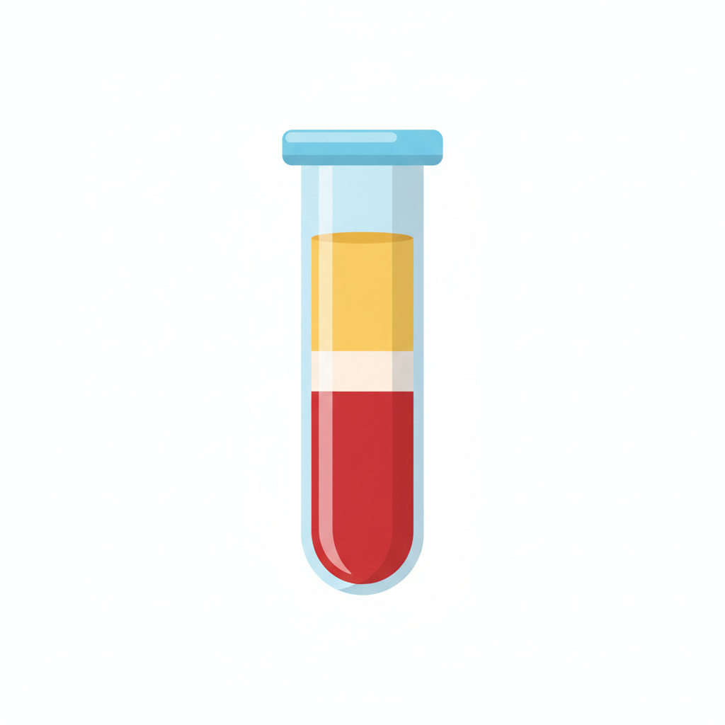medical test tube with separated blood layers, yellow plasma on top, red cells on bottom, white buffy coat in middle, vector illustration style icon, clean white background