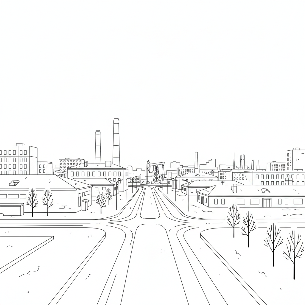Winter cityscape of Surgut, Russia, Siberia, snow-covered streets, northern city architecture, line art style, minimalistic drawing, black and white sketch, clean lines