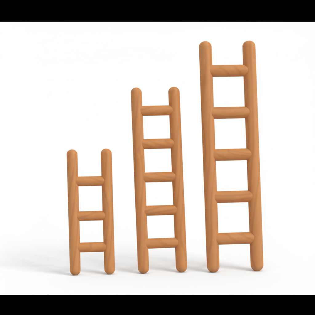 Three cartoon-style wooden ladders of different heights standing side by side against a white background