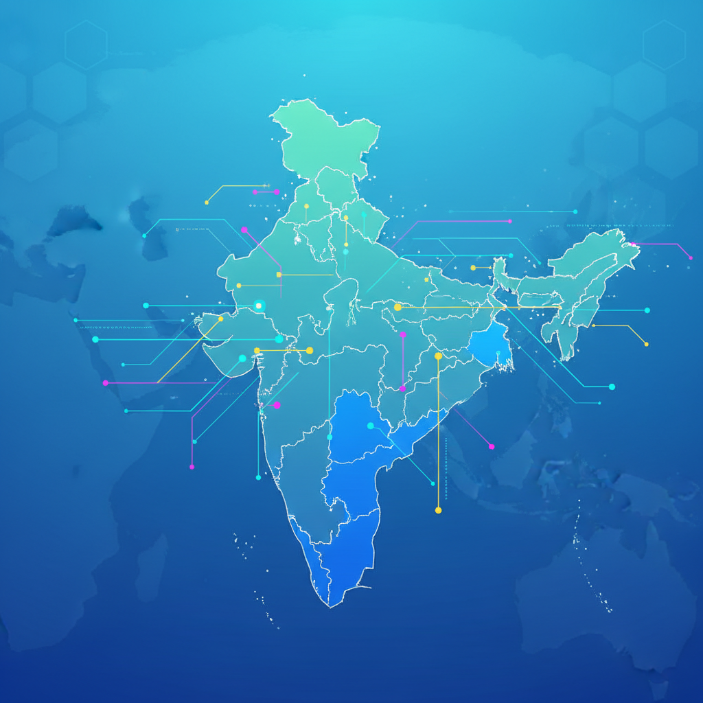 Map of India highlighting Gujarat, Maharashtra, and West Bengal with digital connection lines, infographic style