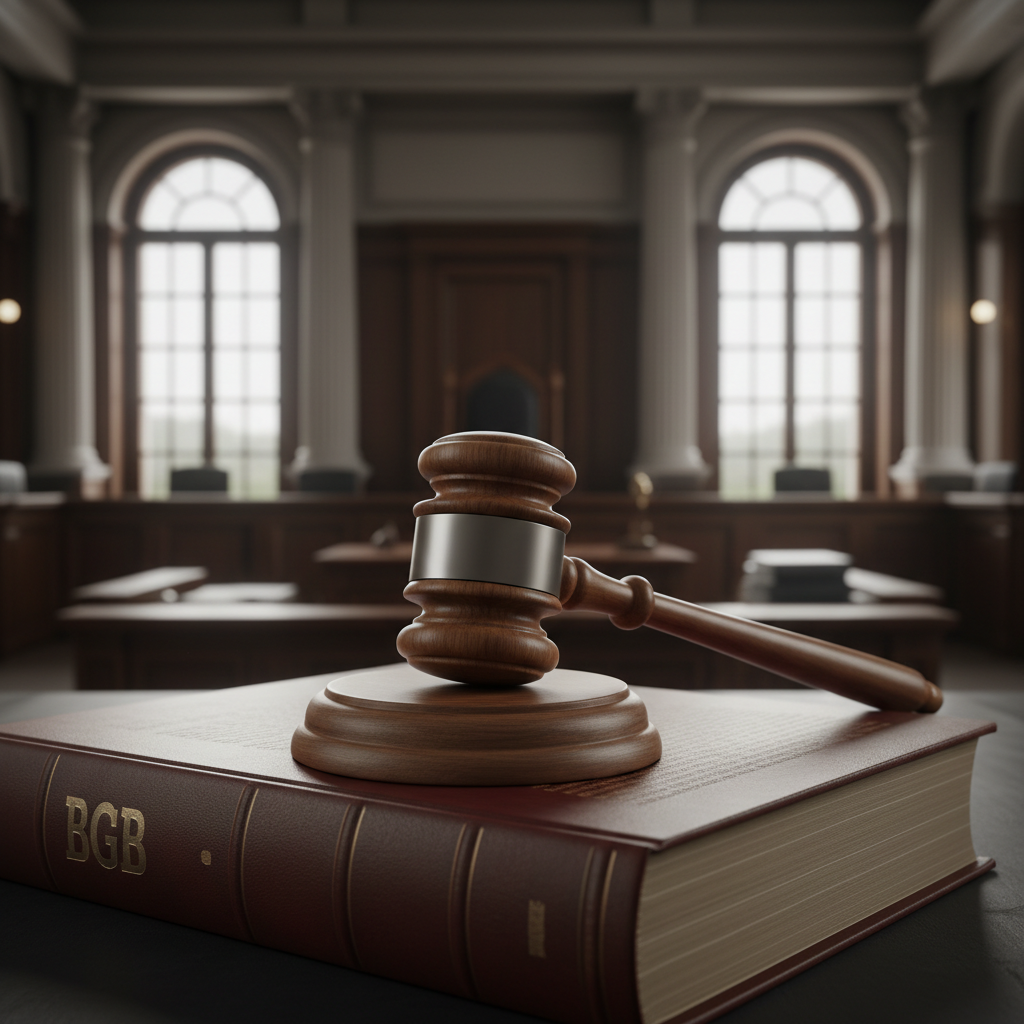 Gavel resting on a German law book (BGB), courtroom atmosphere, serious, photorealistic