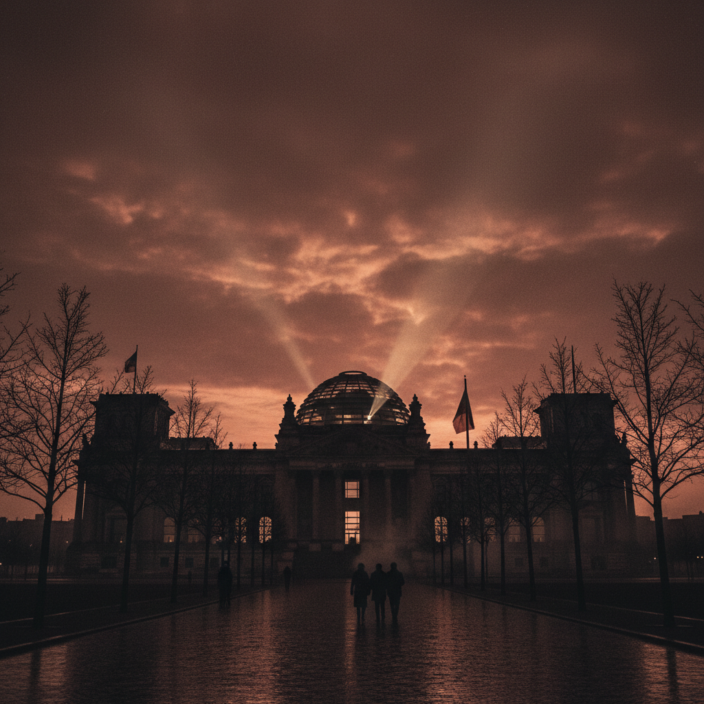 Dark cinematic lighting, silhouette of the Reichstag building in the 1930s, vintage atmosphere, historical documentary style, dark red and sepia tones