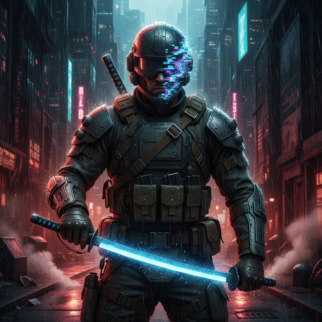 Cinematic sci-fi poster art, a gritty Australian mercenary in tactical gear standing in rain with a glowing blue digital katana, half his face obscured by a digital pixel glitch effect, cyberpunk noir atmosphere, dark crimson and neon cyan lighting, 8k resolution