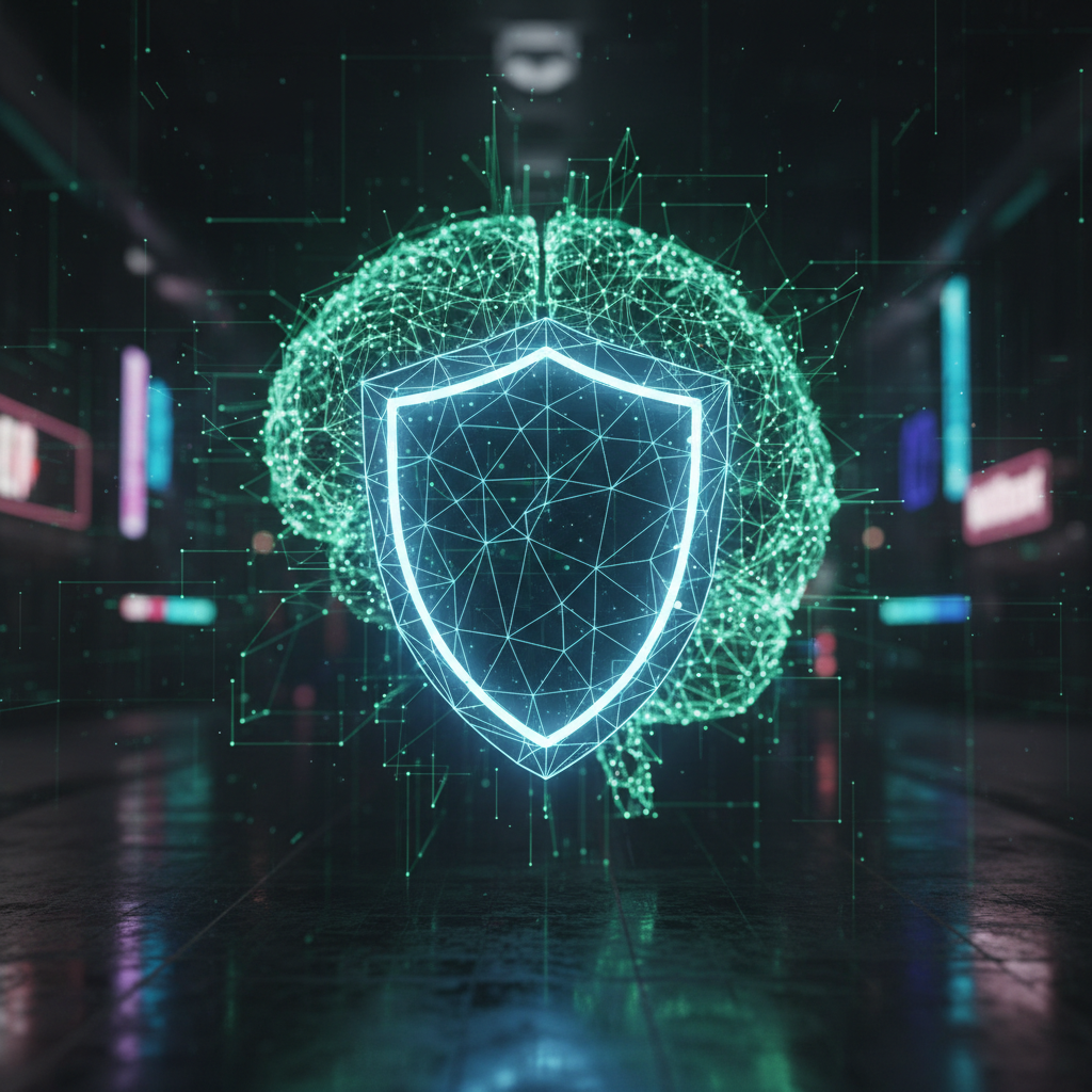 Cinematic 3D render of a digital shield floating in front of an abstract neural network brain, dark cyberpunk aesthetic, neon blue and emerald green lighting, high tech security concept, 8k resolution, depth of field