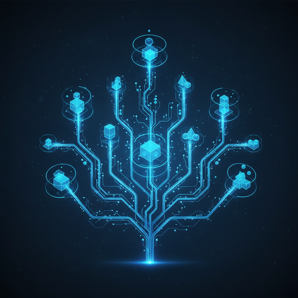 Abstract digital illustration representing logic branching and data classification, glowing blue tech style