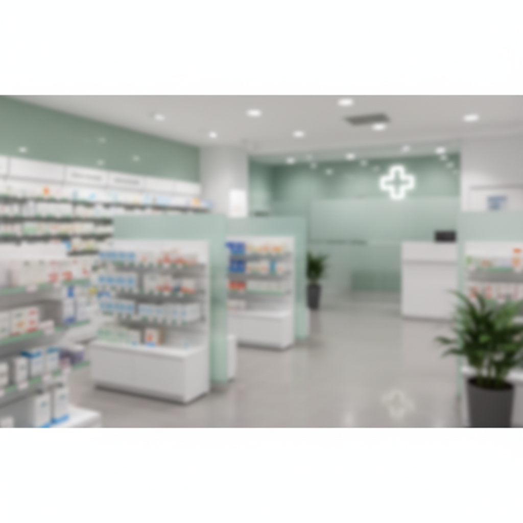 clean modern pharmacy interior background, blurry, green and white tones, medical theme