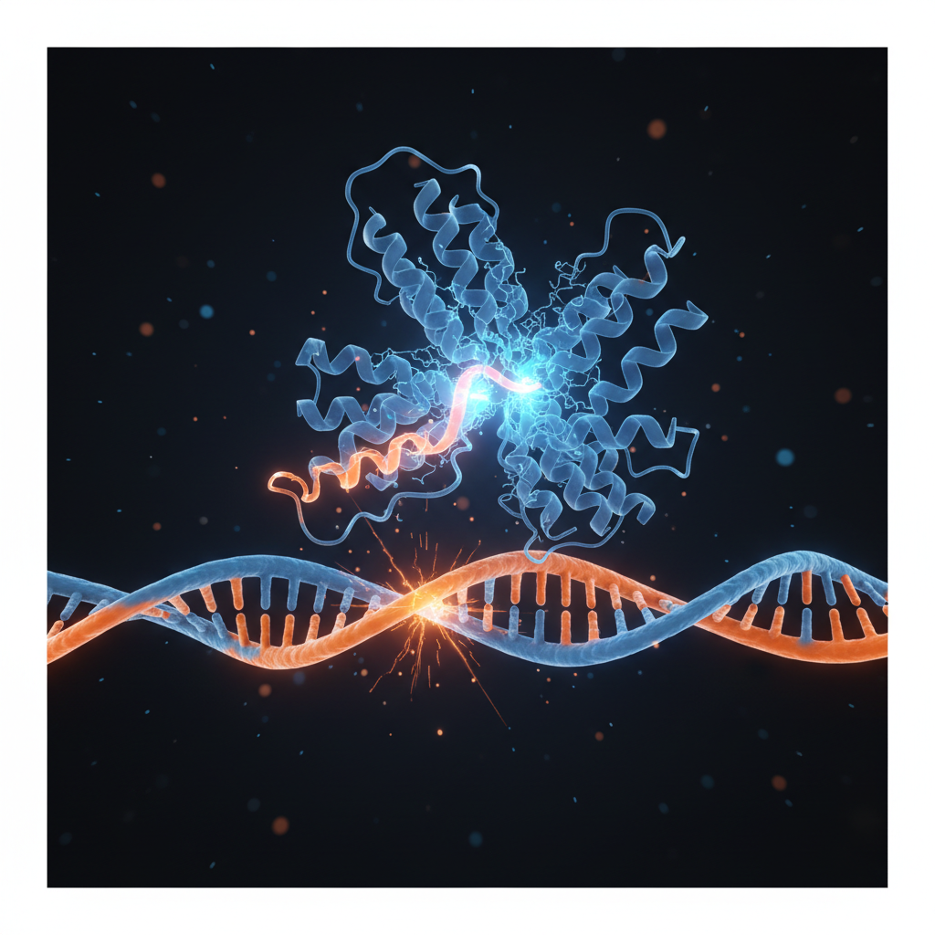 Diagram of CRISPR Cas9 protein complex enzyme cutting a DNA strand, detailed molecular biology 3d render, glowing orange and blue, visualization of molecular scissors