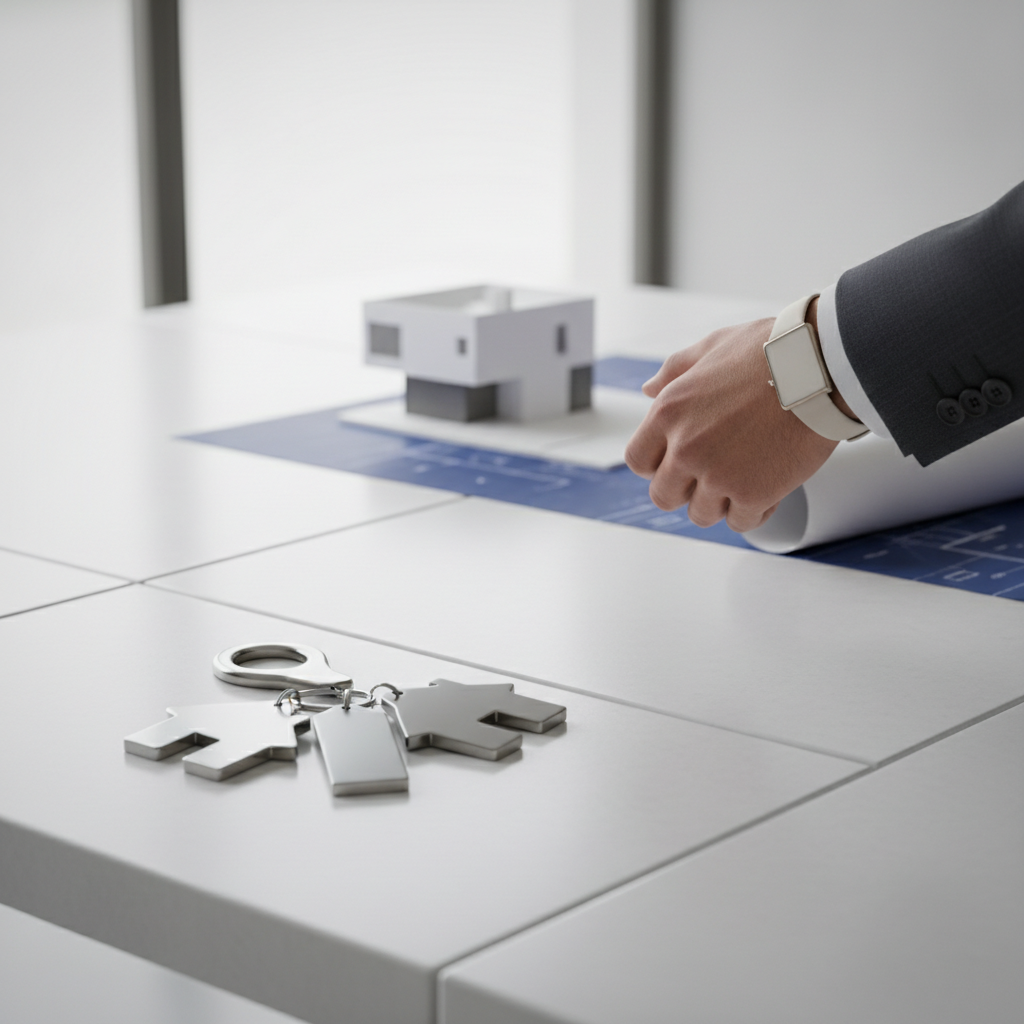 Minimalist modern home keys or handshake on architectural table, focus depth, professional