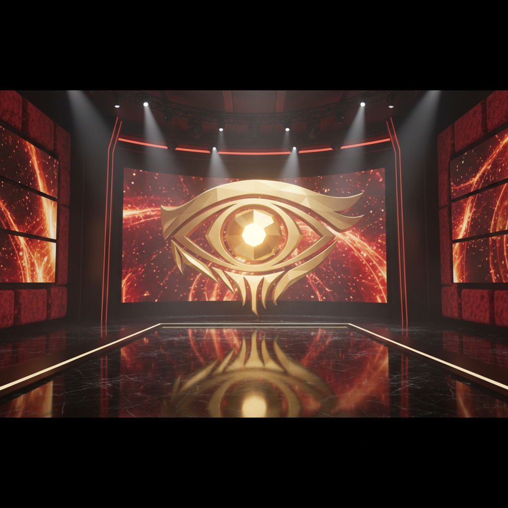 A cinematic, high-resolution 3D render of a giant golden eye logo glowing against a dark red and black luxury studio background, dramatic studio lighting, reality TV theme