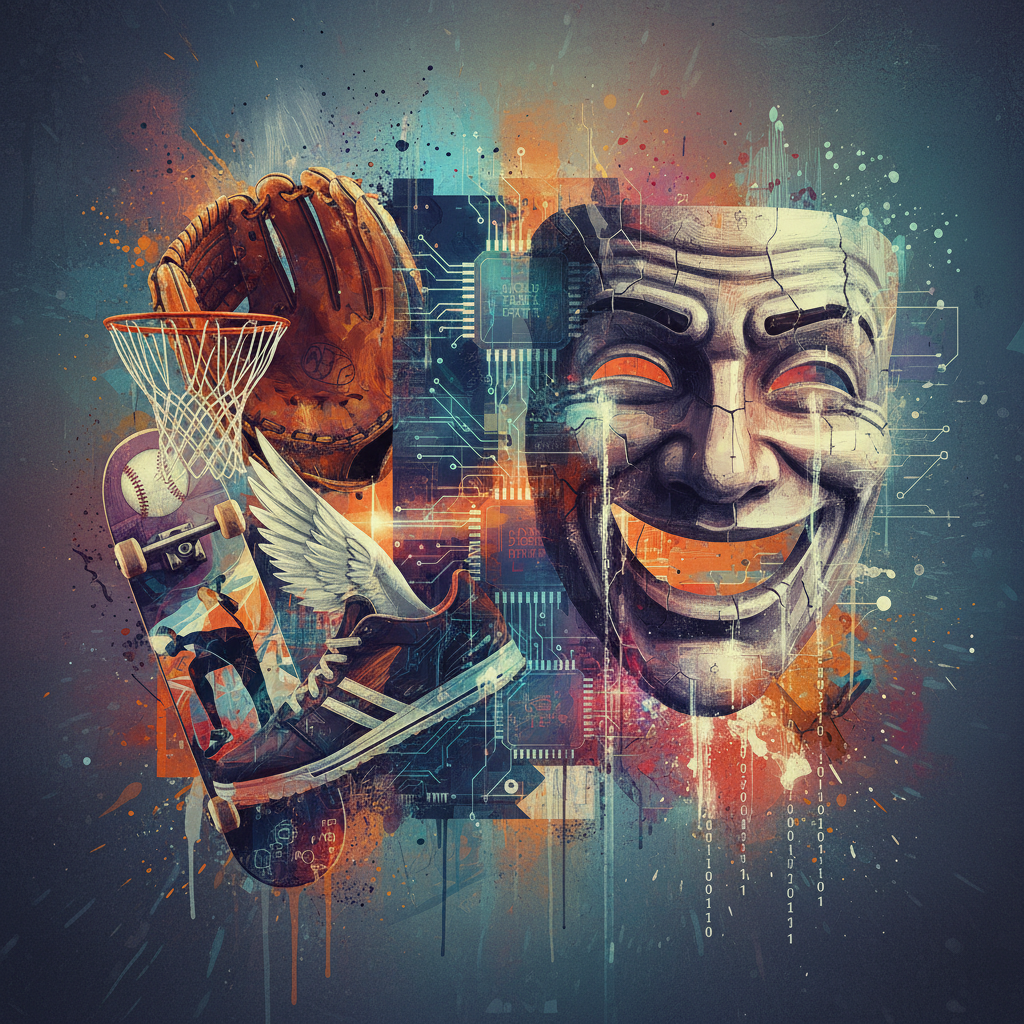 Collage of sports gear, computer chips, and comedy mask, artistic style