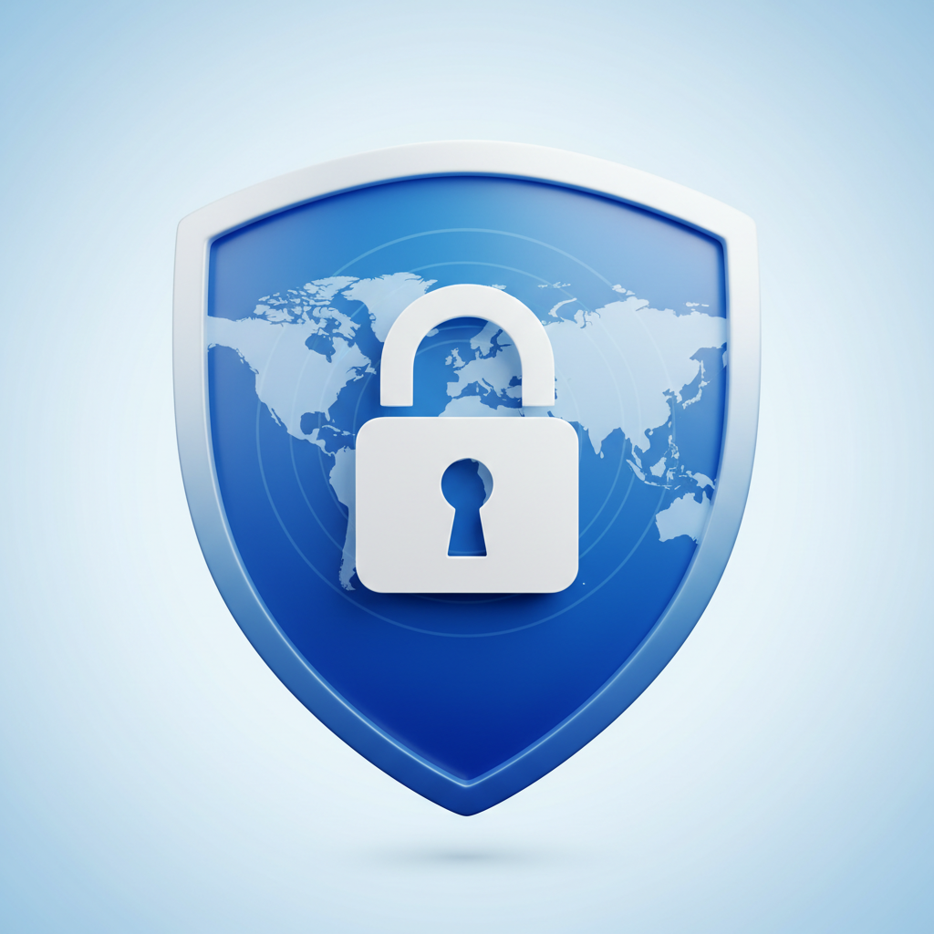 3D render of a shield with a global map texture and a lock icon, representing trade security and brand protection, blue and white color scheme