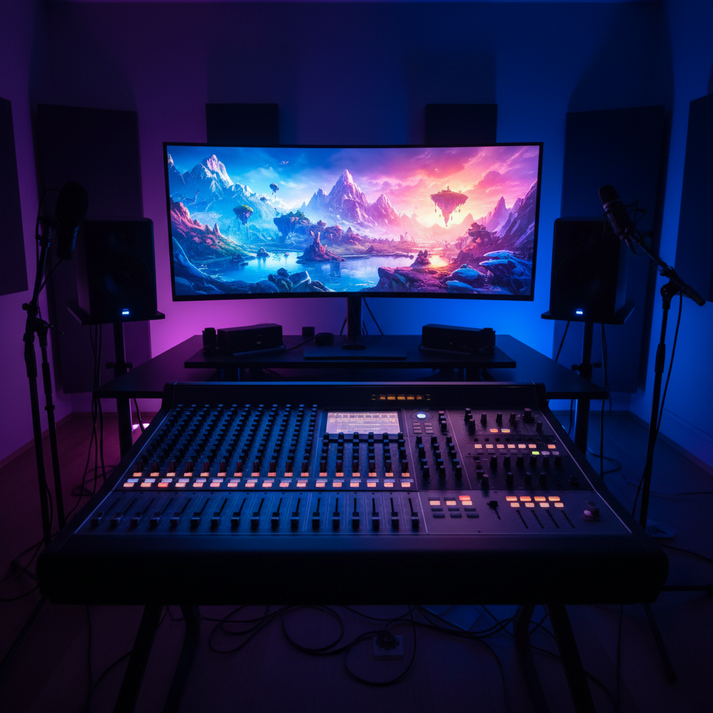 Cinematic shot of a modern music production studio with a mixing console in the foreground and a computer screen displaying a colorful digital landscape game scene in the background, neon blue and purple lighting, depth of field