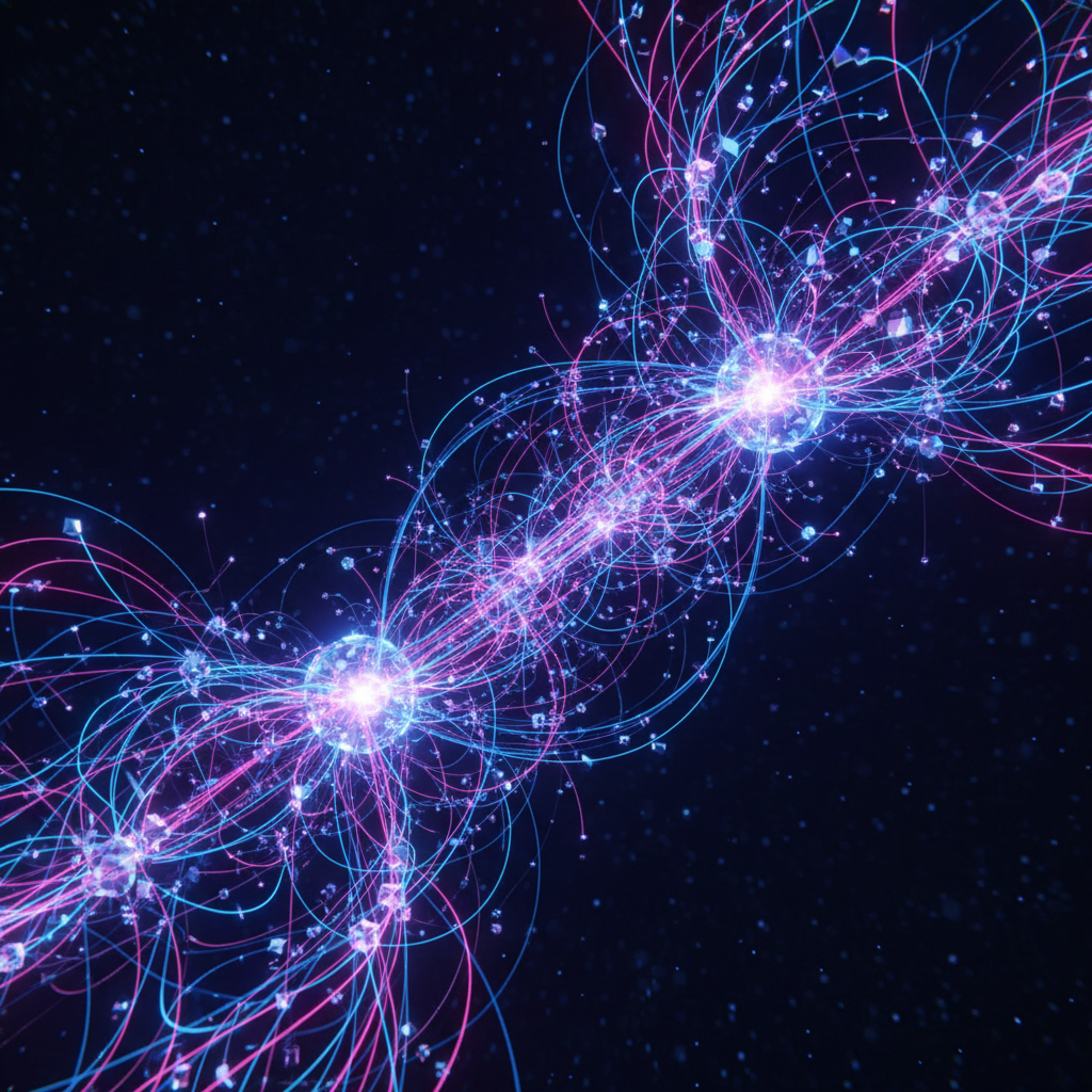 Futuristic network of nodes processing data, electric blues and pinks, representing big data scale, cinematic 3d render