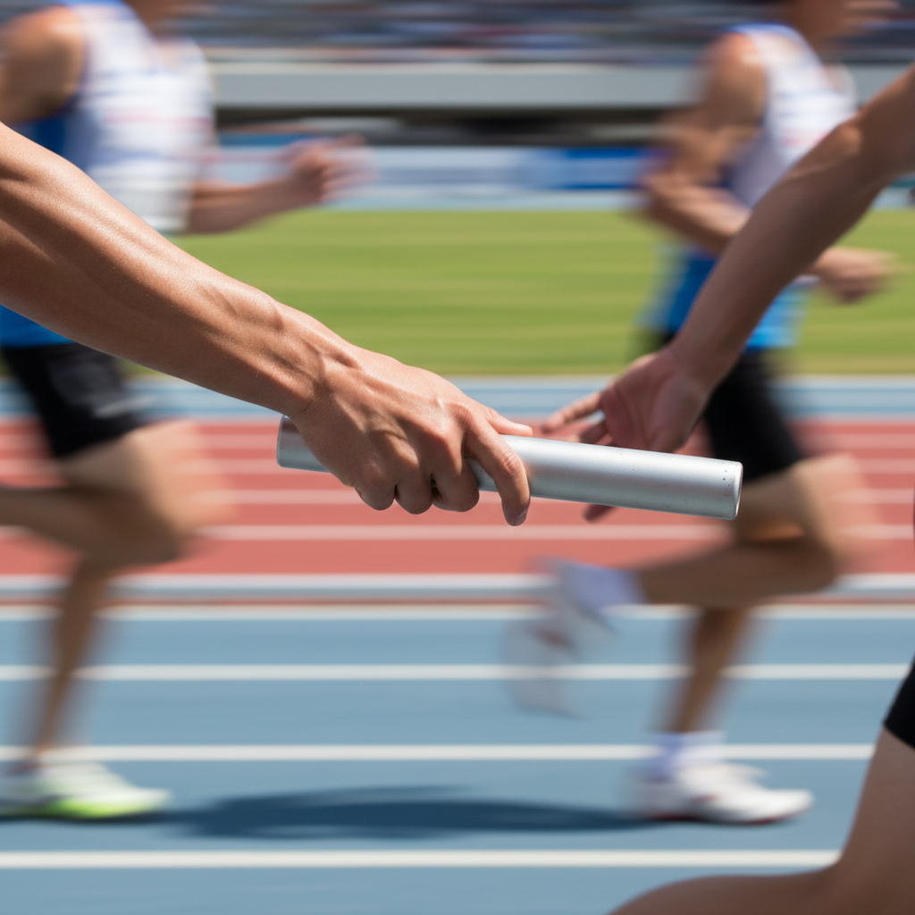 Close up of hands passing a baton in a relay race, motion blur background, symbolizing teamwork and delegation