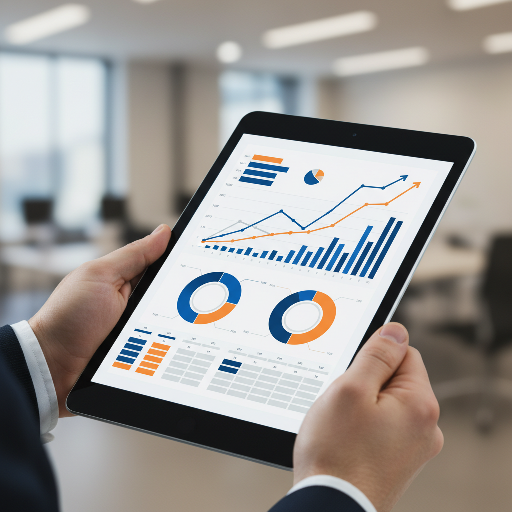Close up of a tablet displaying a sophisticated financial dashboard with graphs and data, held by a business person, blue and orange UI elements