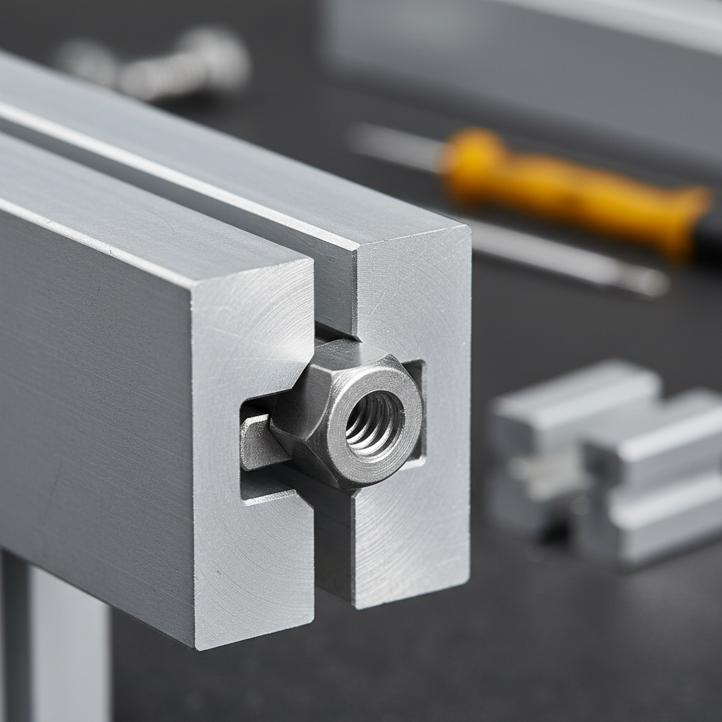 close up photo of a metal T-nut sliding into the groove of an aluminum extrusion profile, engineering context, high detail
