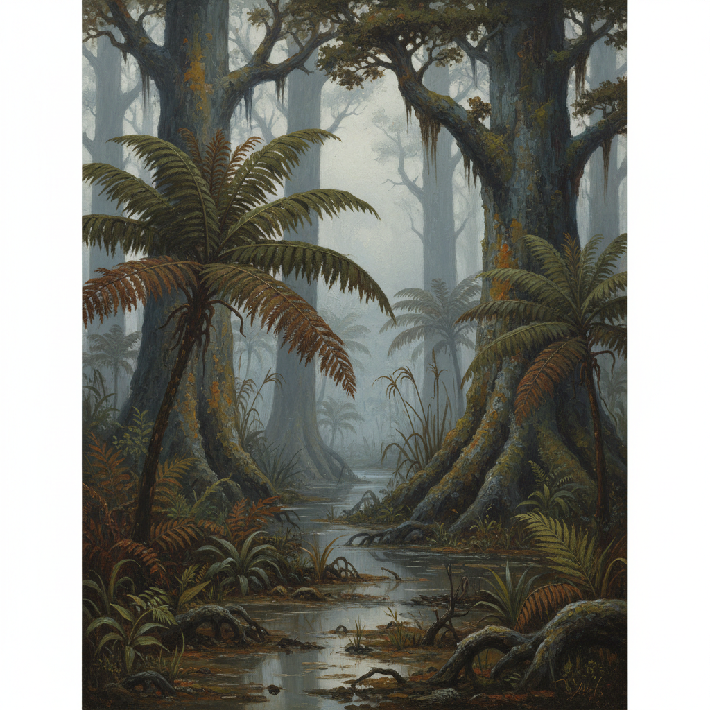 Prehistoric swamp forest from the Carboniferous period, giant ferns, ancient trees, misty atmosphere, realistic painting style, no dinosaurs, muted geological colors.