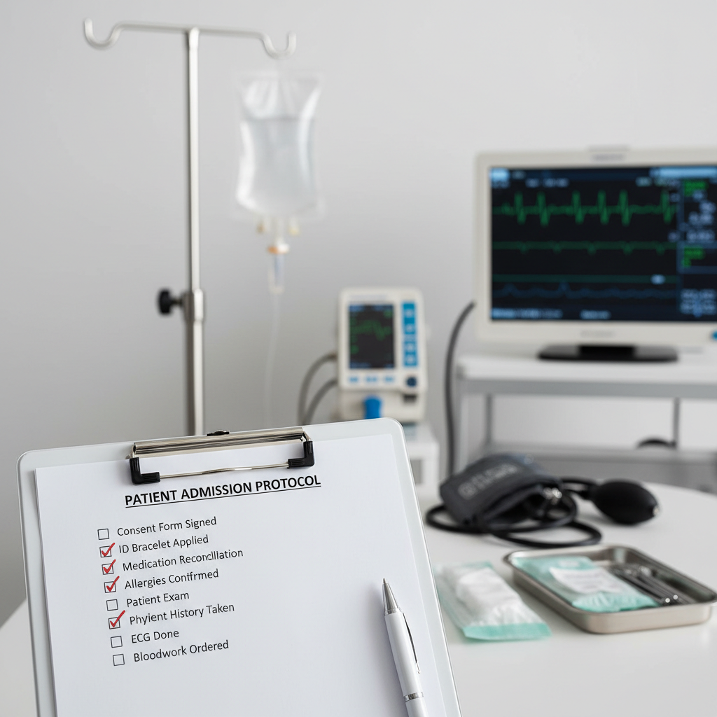 checklist on a clipboard with medical equipment in background, close up, high quality