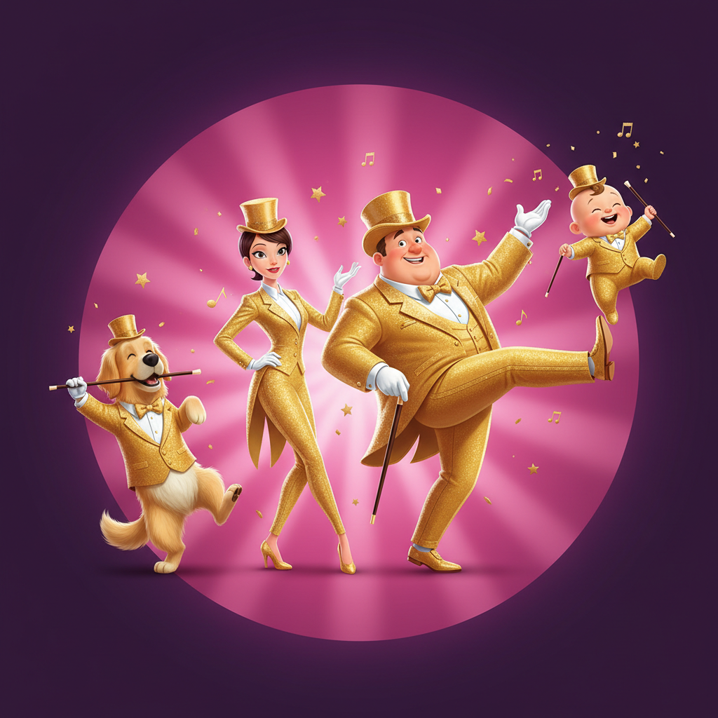 Cartoon group of a fat man, woman, dog, and baby wearing gold tuxedos and top hats holding canes, dancing broadway style, pink circle background