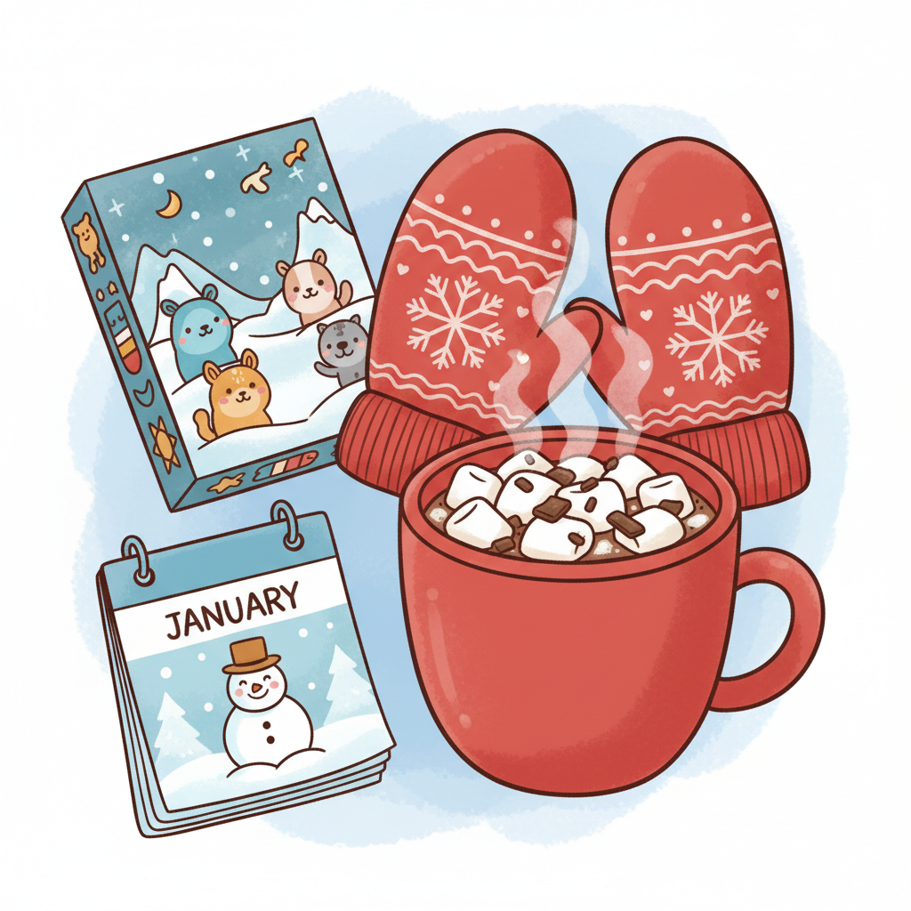 A cute cartoon style collage illustration showing winter items: red mittens, a steaming mug of hot cocoa with marshmallows, a colorful board game box, and a calendar showing January.