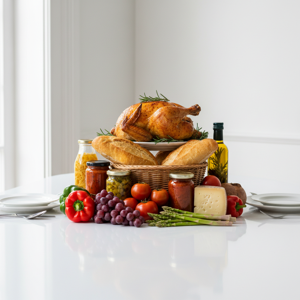 Artistic arrangement of various grocery products on a clean white table, symbolizing completion and quality, bright lighting