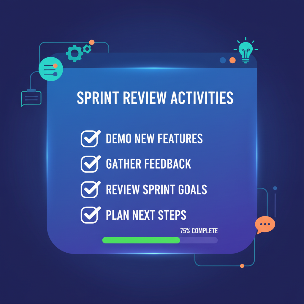 checklist on a digital screen, product demo presentation backdrop, agile sprint review activities concept, flat design illustration