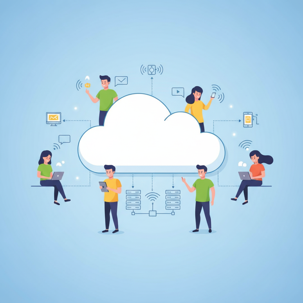 cloud computing concept illustration, happy people connecting from different devices laptop phone, flat style vector