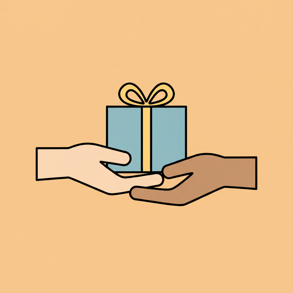 Simple icon style illustration of distinct hands exchanging a gift box, soft orange background