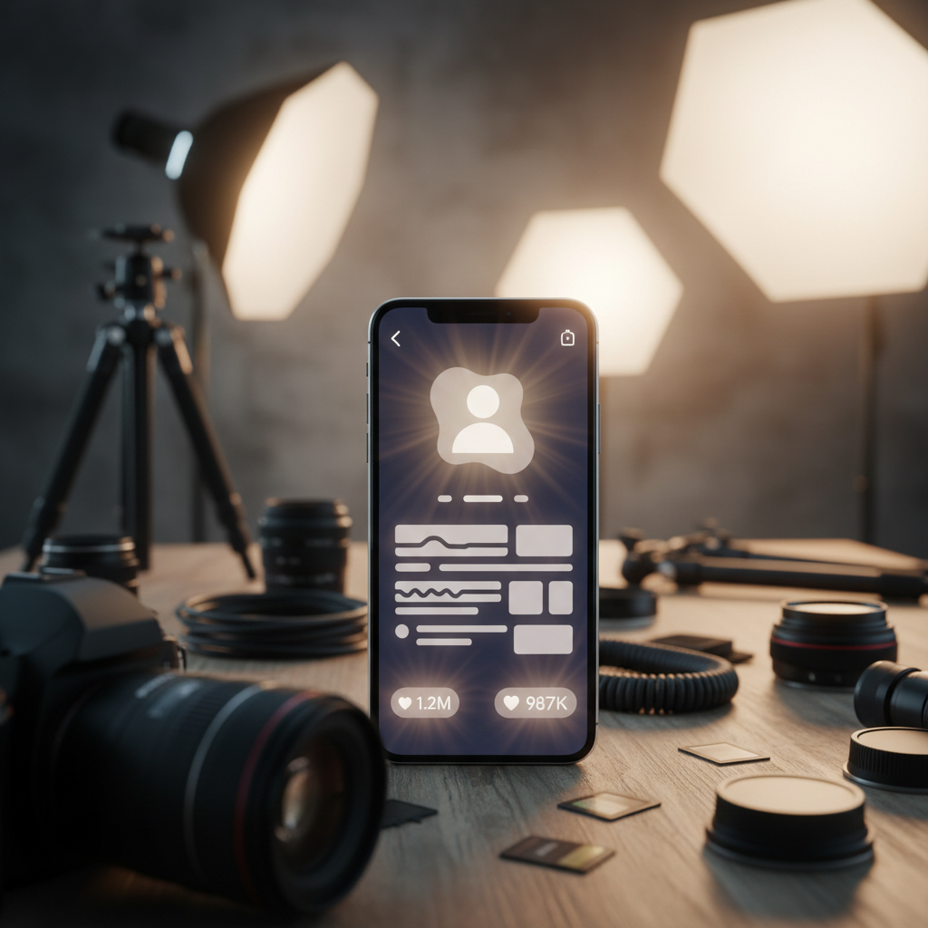 Close up photo of a smartphone screen showing a social media profile with high engagement numbers, surrounded by photography gear